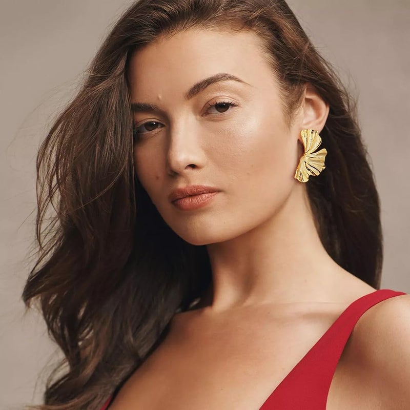 FAUTHENTICUTE Chunky Gold Statement Earrings For Women Gold Plated Sectored Flower Leaf Shell Angel Wing Earrings Large Stud Earrings Hypoallergenic Earrings - Image 2